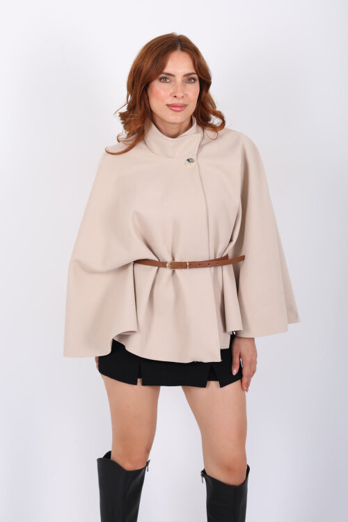 Kaşe Kemerli Kadın Bej Panço - 7