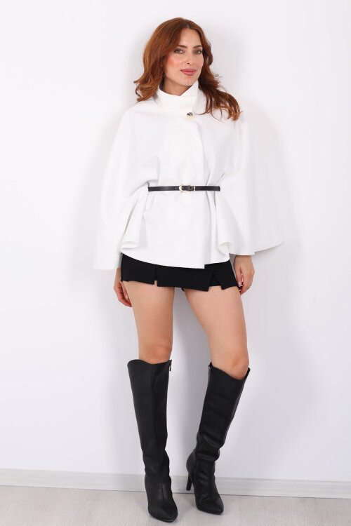 Kaşe Kemerli Kadın Beyaz Panço - 4