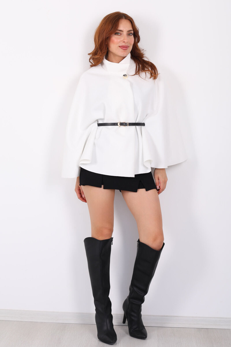 Kaşe Kemerli Kadın Beyaz Panço - 4