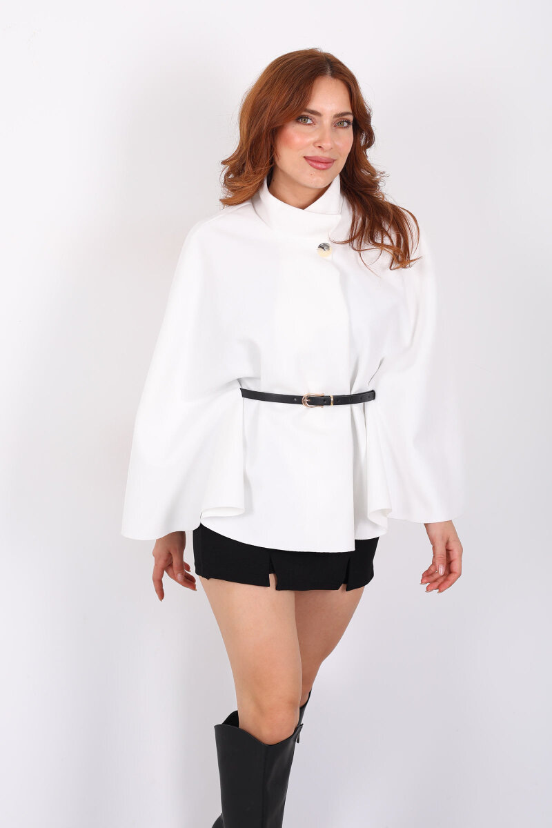 Kaşe Kemerli Kadın Beyaz Panço - 7