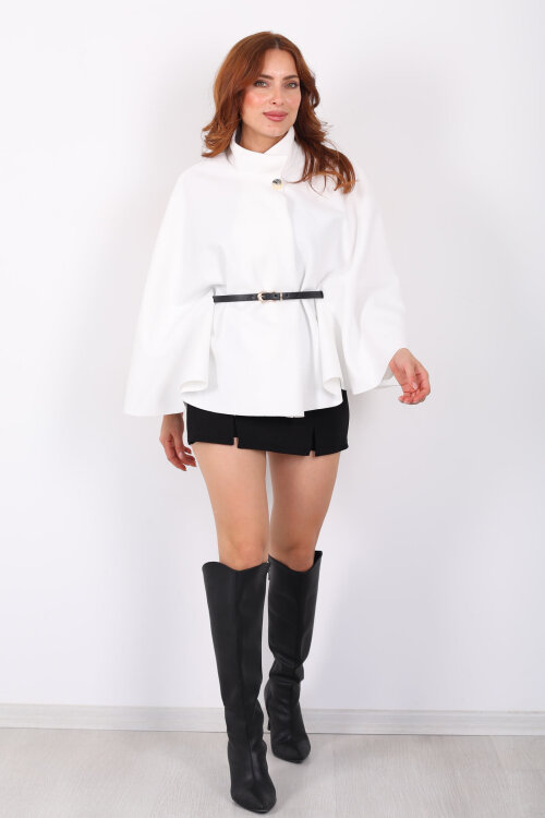 Kaşe Kemerli Kadın Beyaz Panço - 6