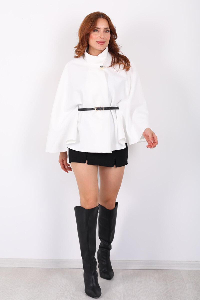 Kaşe Kemerli Kadın Beyaz Panço - 6