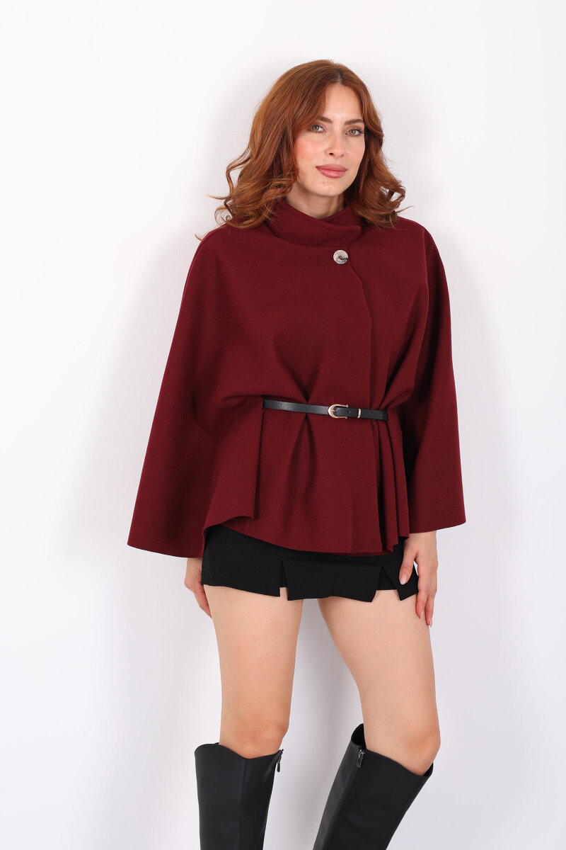 Kaşe Kemerli Kadın Bordo Panço - 6
