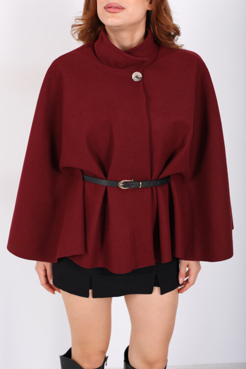 Kaşe Kemerli Kadın Bordo Panço - Berox (1)