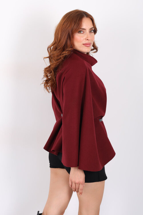 Kaşe Kemerli Kadın Bordo Panço - 5