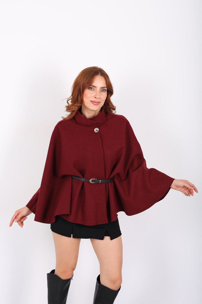 Kaşe Kemerli Kadın Bordo Panço - 1