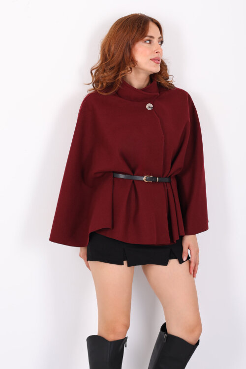 Kaşe Kemerli Kadın Bordo Panço - 4