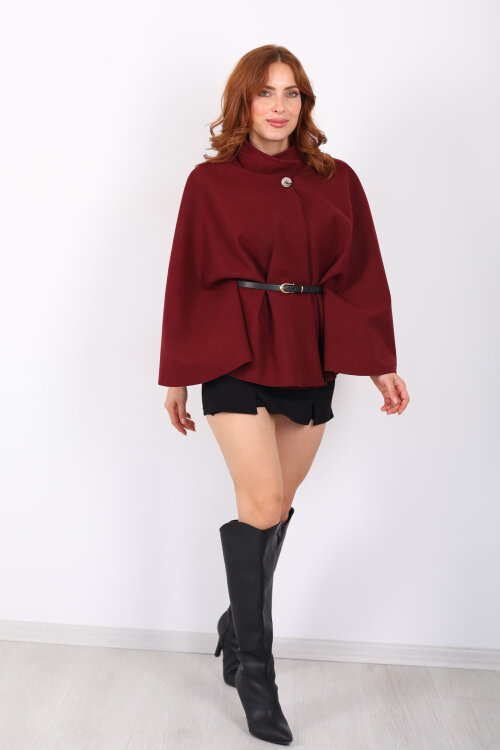 Kaşe Kemerli Kadın Bordo Panço - 7