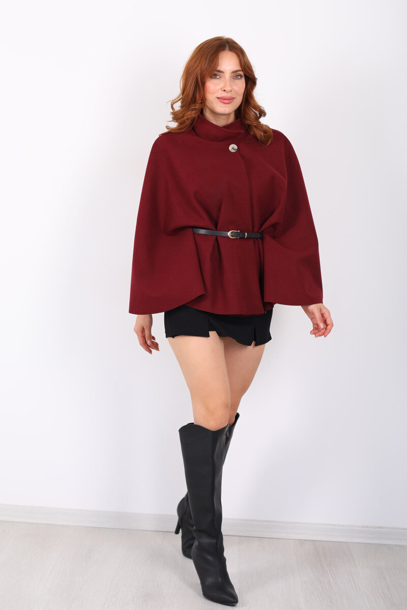 Kaşe Kemerli Kadın Bordo Panço - 7