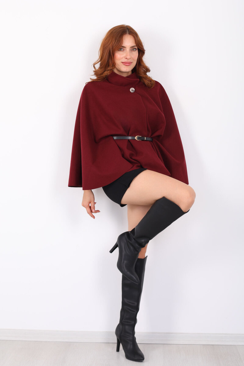 Kaşe Kemerli Kadın Bordo Panço - 3