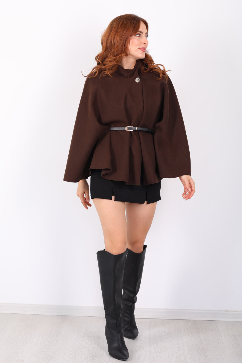 Kaşe Kemerli Kadın Kahverengi Panço - 6