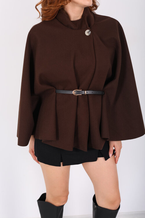 Kaşe Kemerli Kadın Kahverengi Panço - Berox (1)