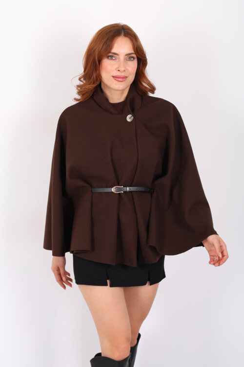 Kaşe Kemerli Kadın Kahverengi Panço - 3