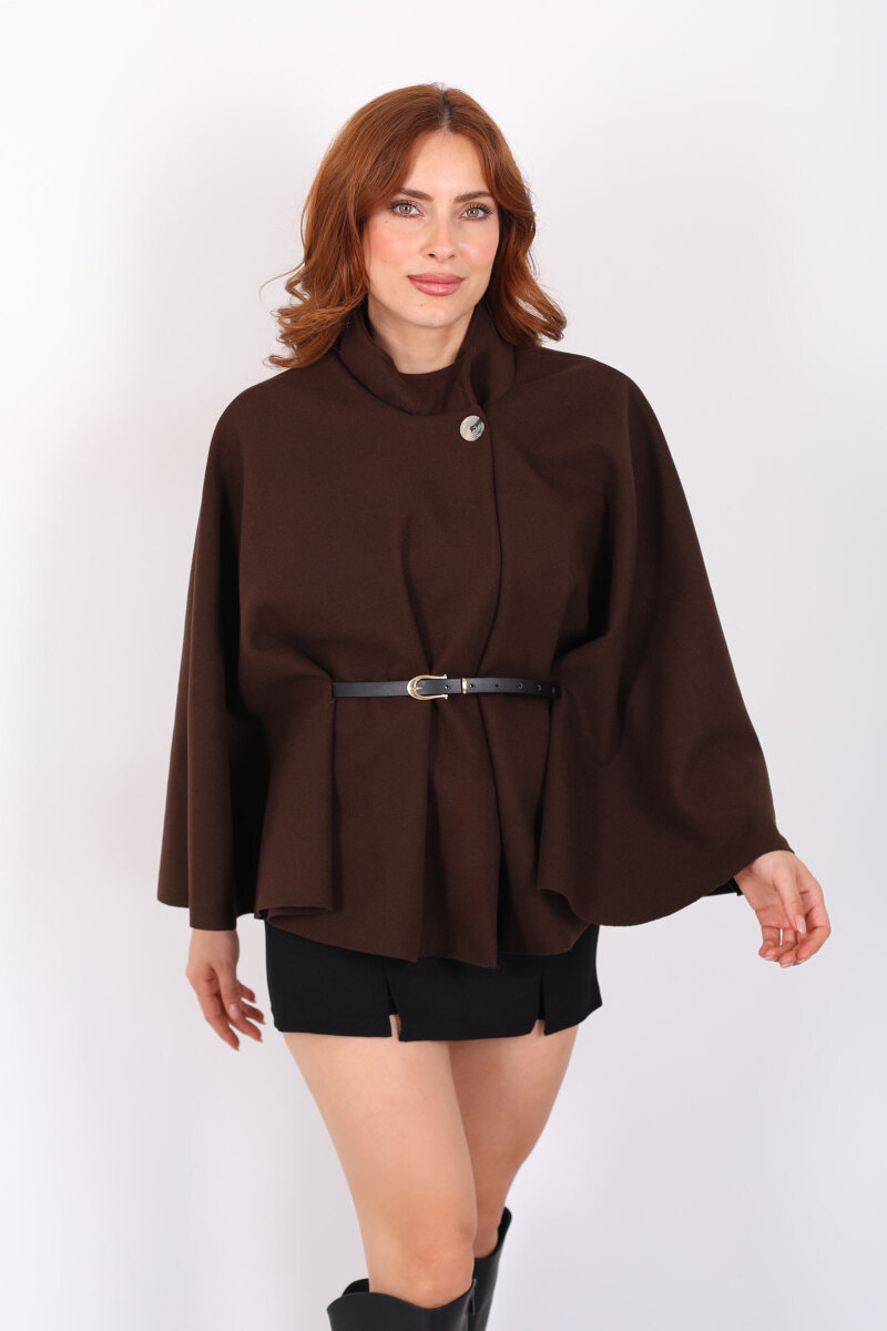 Kaşe Kemerli Kadın Kahverengi Panço - 3