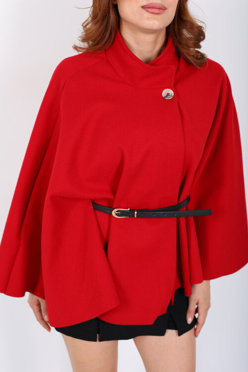 Kaşe Kemerli Kadın Kırmızı Panço - Berox (1)
