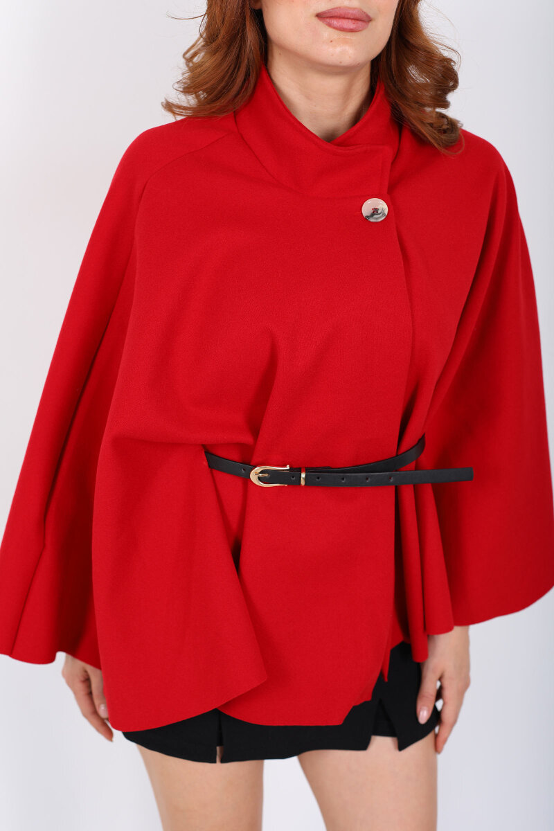 Kaşe Kemerli Kadın Kırmızı Panço - 2
