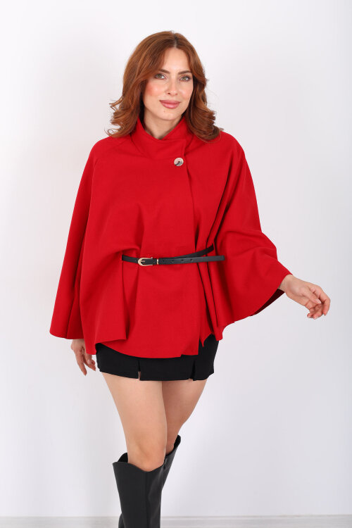 Kaşe Kemerli Kadın Kırmızı Panço - 6