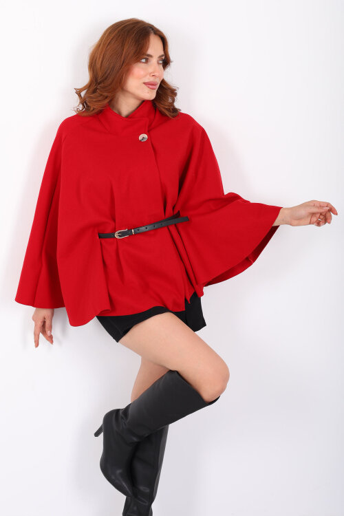 Kaşe Kemerli Kadın Kırmızı Panço - 4