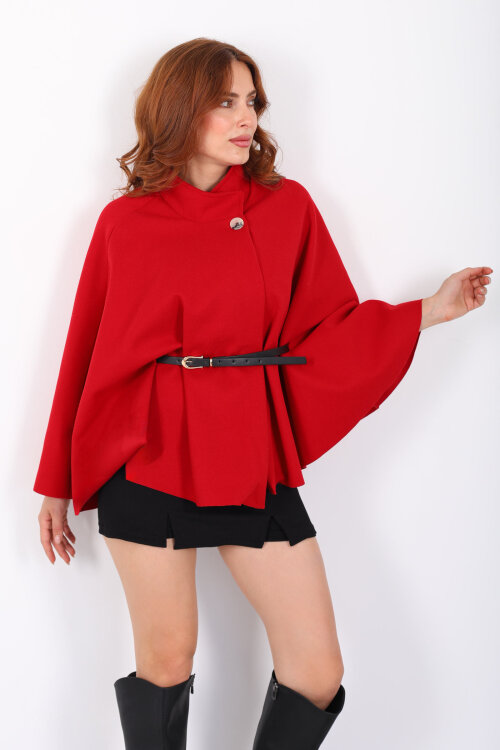 Kaşe Kemerli Kadın Kırmızı Panço - Berox