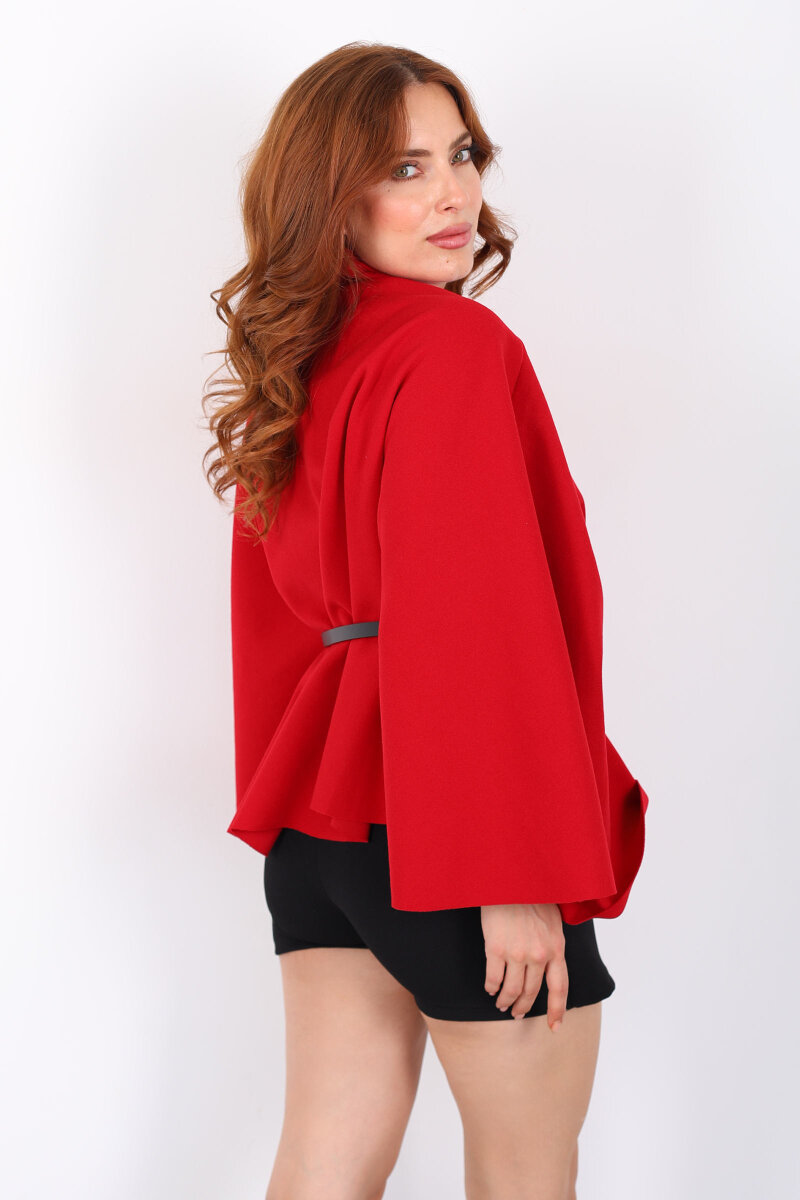 Kaşe Kemerli Kadın Kırmızı Panço - 5