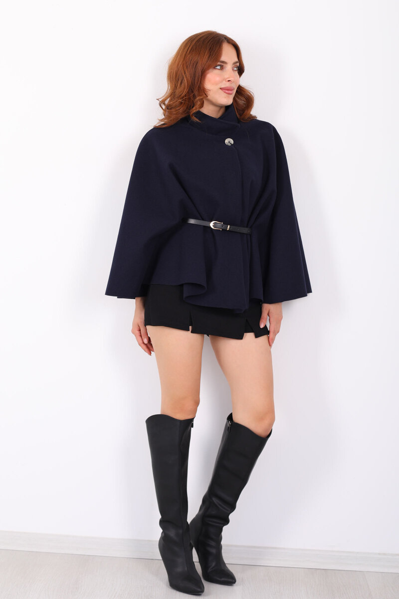 Kaşe Kemerli Kadın Lacivert Panço - 1