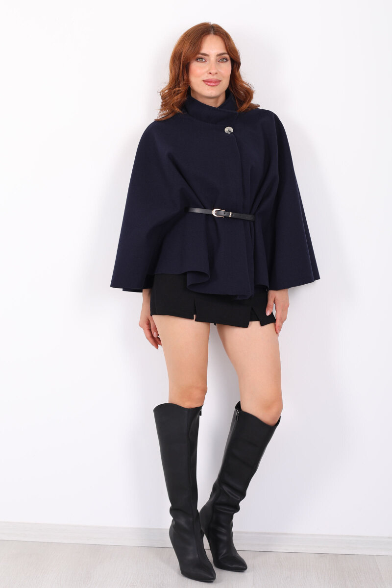 Kaşe Kemerli Kadın Lacivert Panço - 4