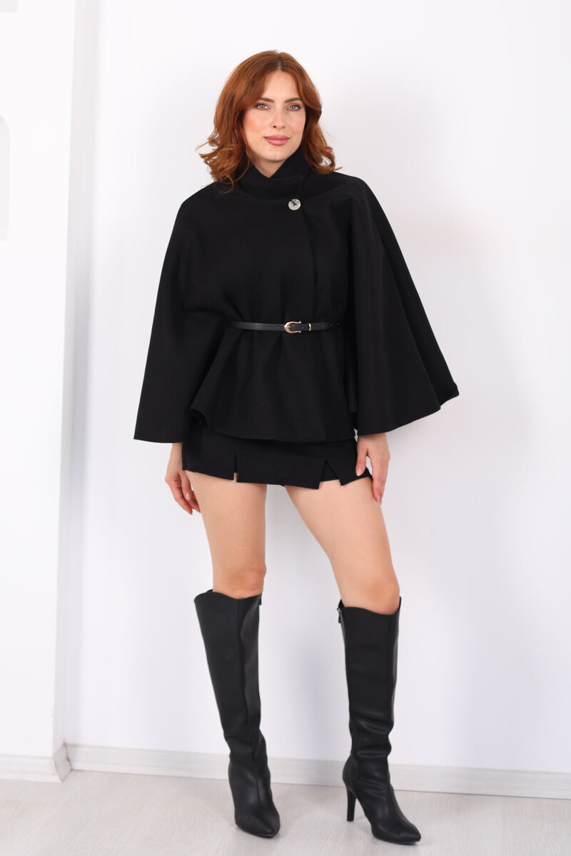 Kaşe Kemerli Kadın Siyah Panço - 3