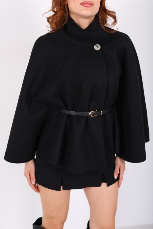 Kaşe Kemerli Kadın Siyah Panço - Berox (1)