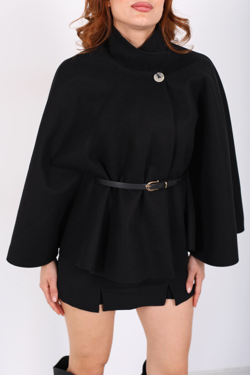 Kaşe Kemerli Kadın Siyah Panço - 2