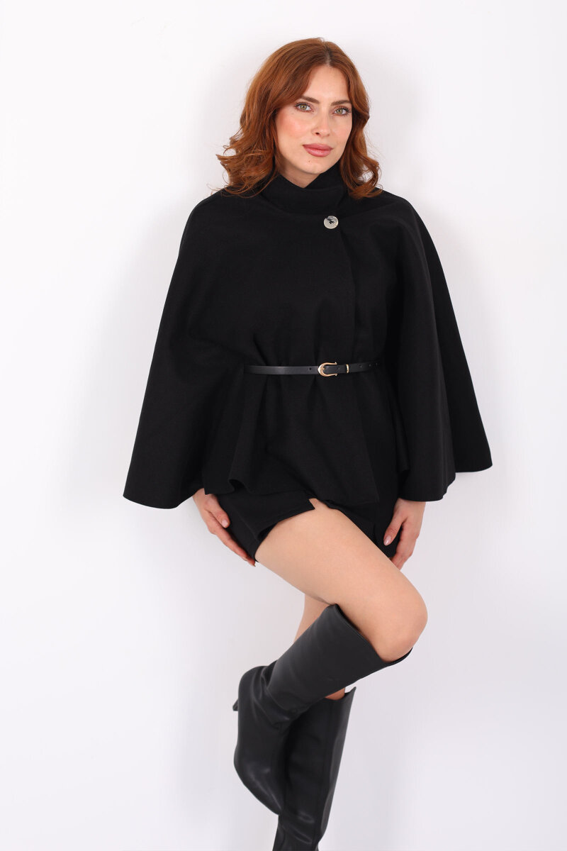 Kaşe Kemerli Kadın Siyah Panço - 1