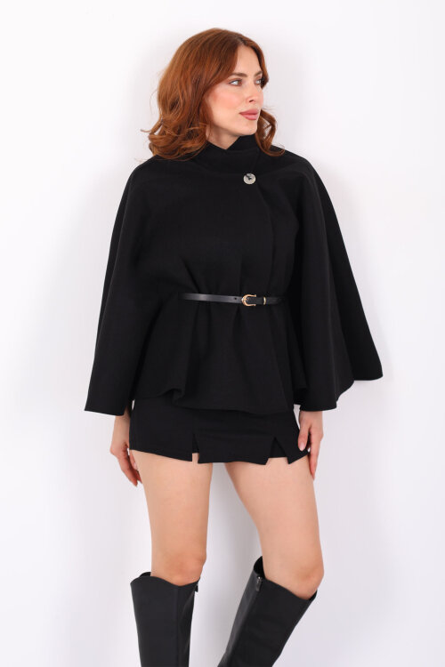 Kaşe Kemerli Kadın Siyah Panço - 4