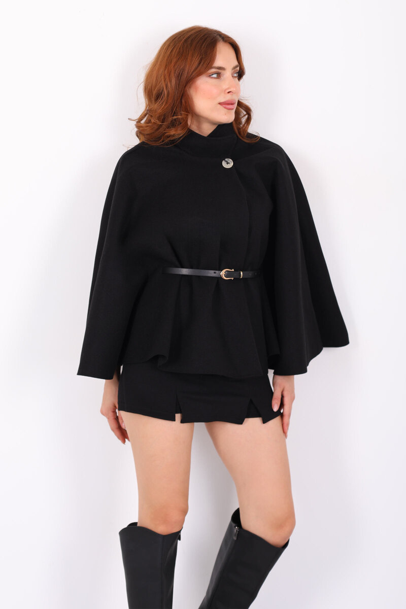 Kaşe Kemerli Kadın Siyah Panço - 4