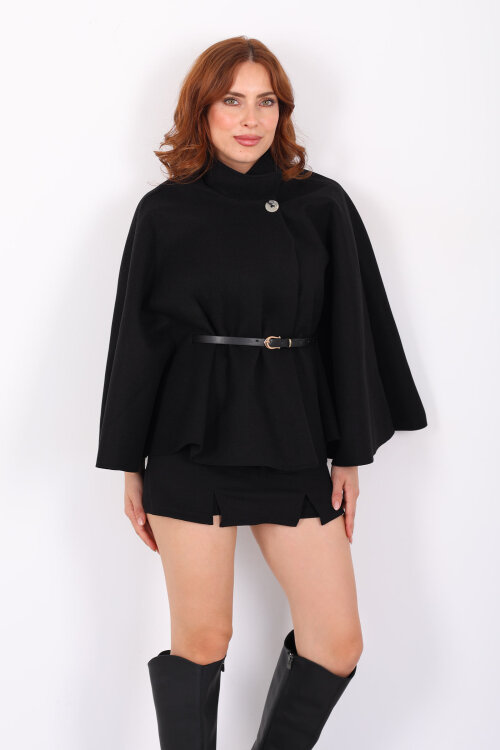 Kaşe Kemerli Kadın Siyah Panço - 7