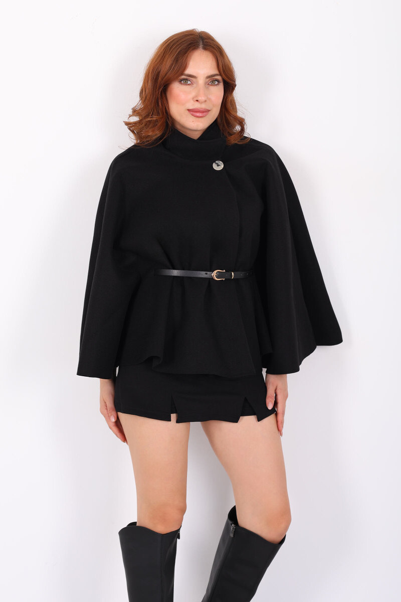 Kaşe Kemerli Kadın Siyah Panço - 7