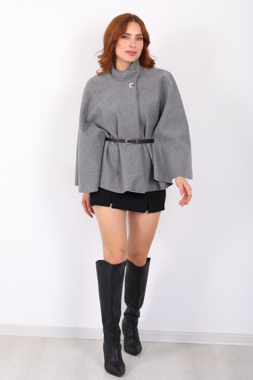 Kaşe Kemerli Kadın Gri Panço - 7