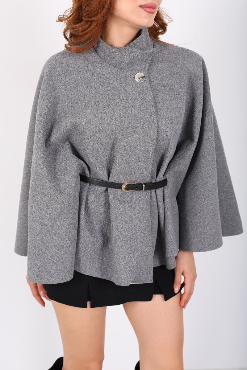 Kaşe Kemerli Kadın Gri Panço - 2