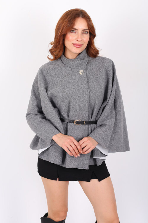 Kaşe Kemerli Kadın Gri Panço - 3