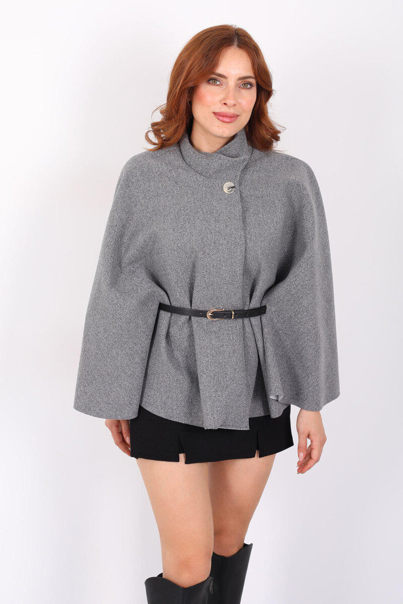 Kaşe Kemerli Kadın Gri Panço - 6