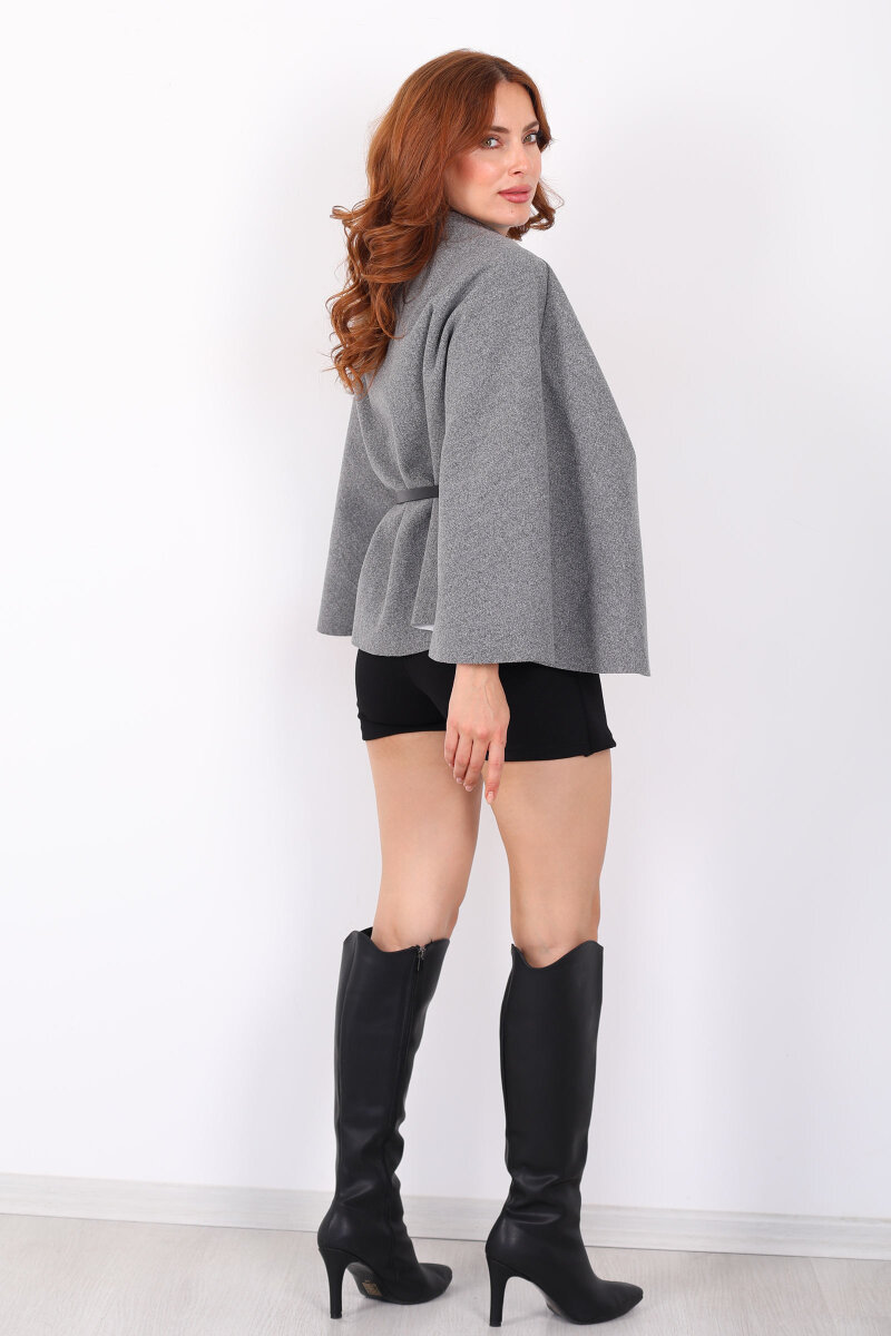 Kaşe Kemerli Kadın Gri Panço - 5