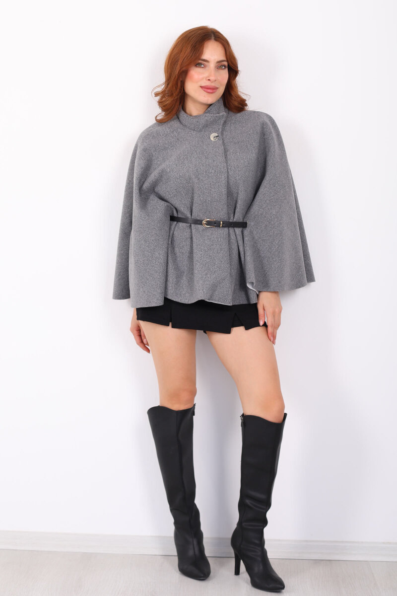 Kaşe Kemerli Kadın Gri Panço - 1