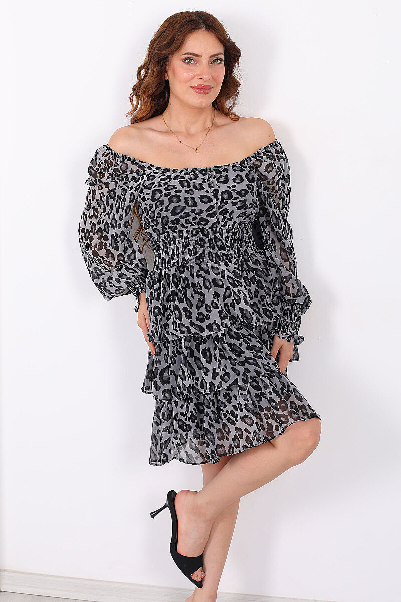 Kat Kat Leopar Desenli Kadın Antrasit Mini Şifon Elbise - 3