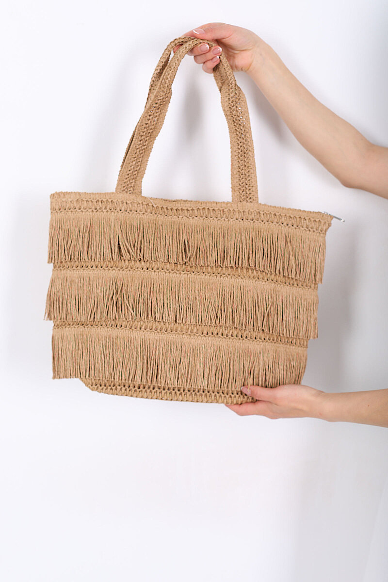 Kat Kat Püsküllü Camel Hasır El Çantası - 3