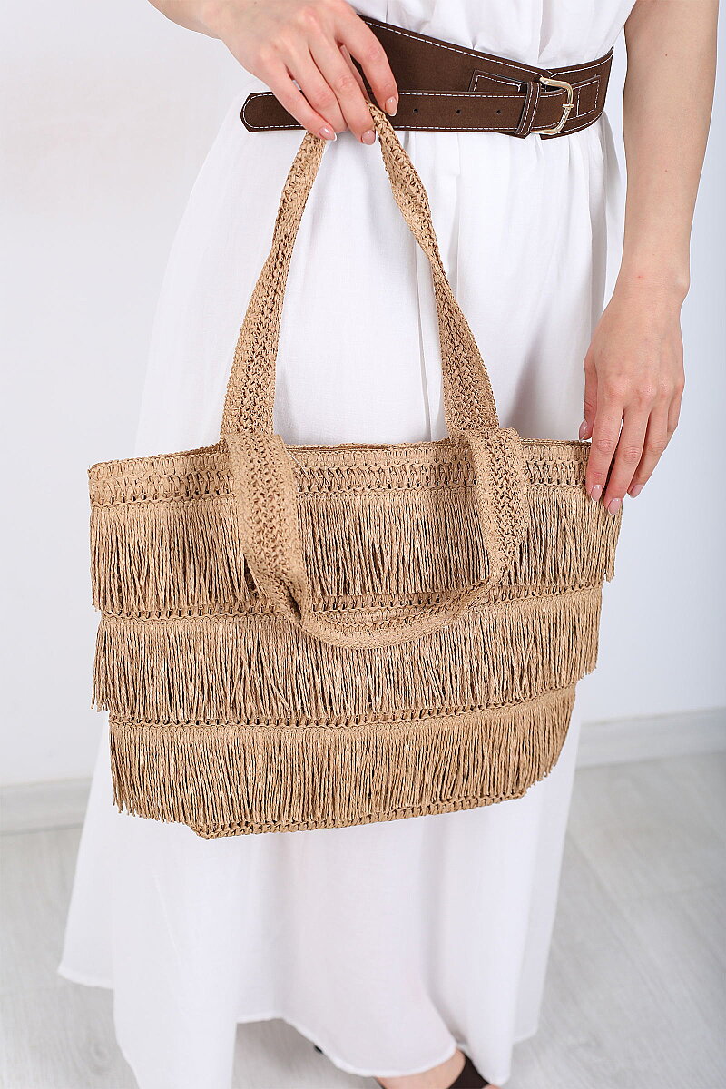 Kat Kat Püsküllü Camel Hasır El Çantası - 4