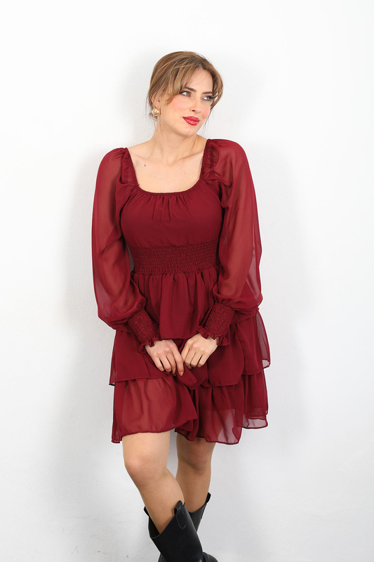 Katlı Bordo Kadın Şifon Elbise - 4