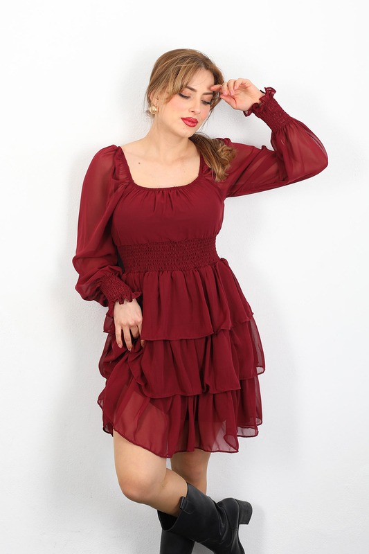 Katlı Bordo Kadın Şifon Elbise - 3