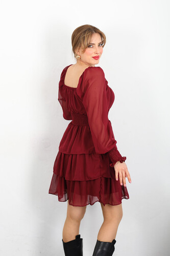 Katlı Bordo Kadın Şifon Elbise - 5