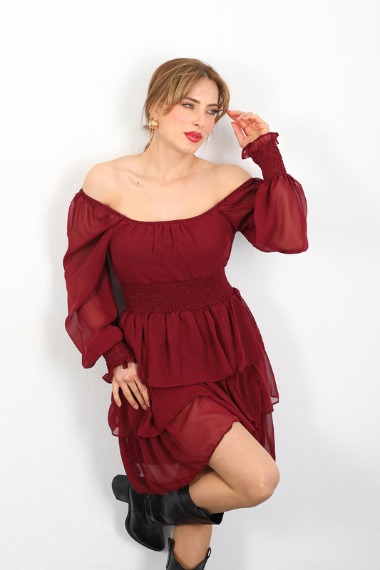Katlı Bordo Kadın Şifon Elbise - 2