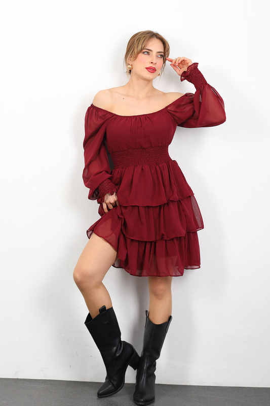 Katlı Bordo Kadın Şifon Elbise - 1