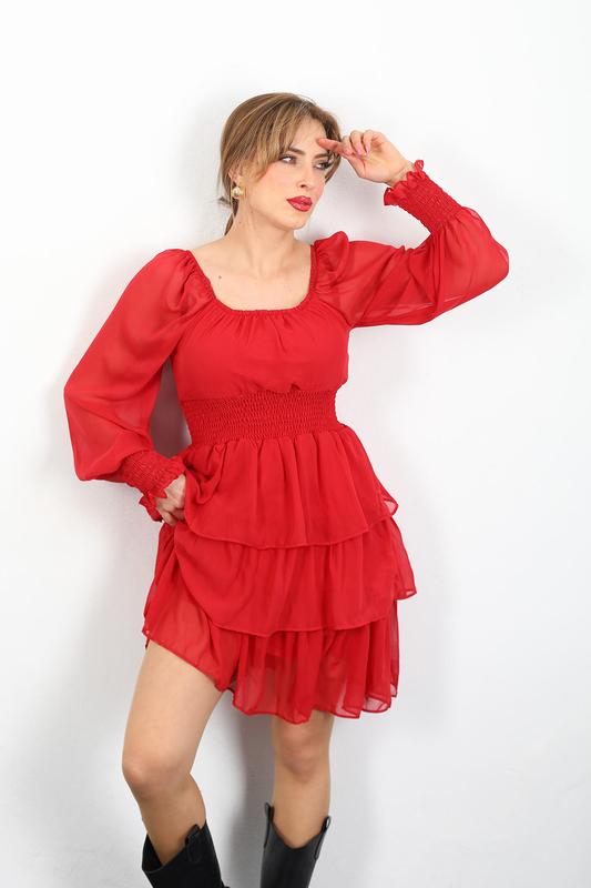 Katlı Kırmızı Kadın Şifon Elbise - 2