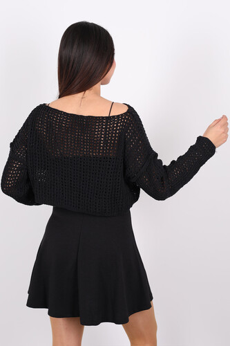 Kayık Yaka Ajurlu Delikli Siyah Kadın Crop Top - 5
